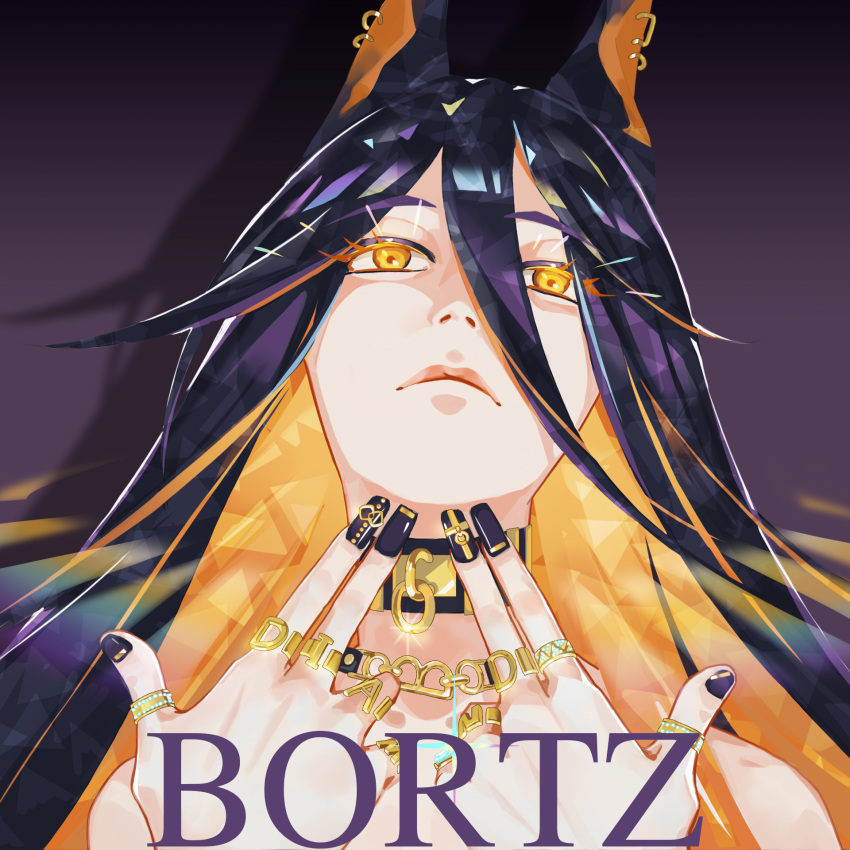 1other, androgynous, animal_ears, blonde_hair, bort, character_name, closed_mouth, collar, colored_inner_hair, crystal_hair, dog_ears, drop_shadow, earrings, eyelashes, frown, gii_(cvpj3777), glint, hair_between_eyes, hair_flaps, hands_up, highres, houseki_no_kuni, jewelry, kemonomimi_mode, long_hair, looking_at_viewer, looking_down, multicolored_hair, multicolored_nails, multiple_earrings, nail_art, orange_hair, purple_background, purple_hair, purple_nails, solo, sparkle, w, yellow_eyes