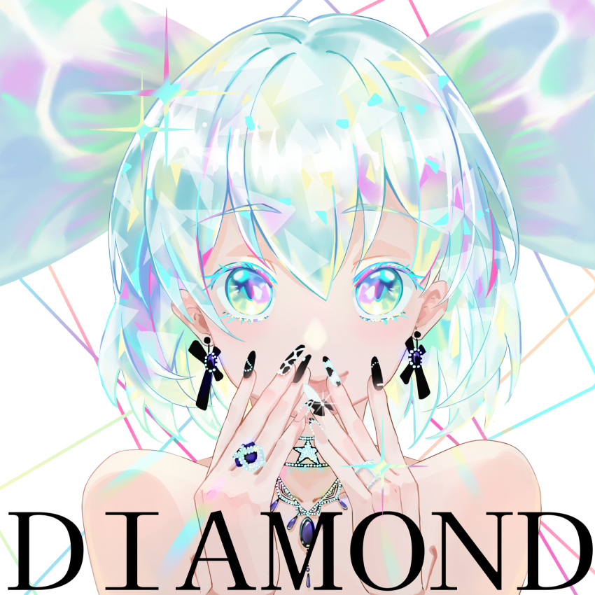 1other, androgynous, bangs, bare_shoulders, black_nails, bob_cut, bow, character_name