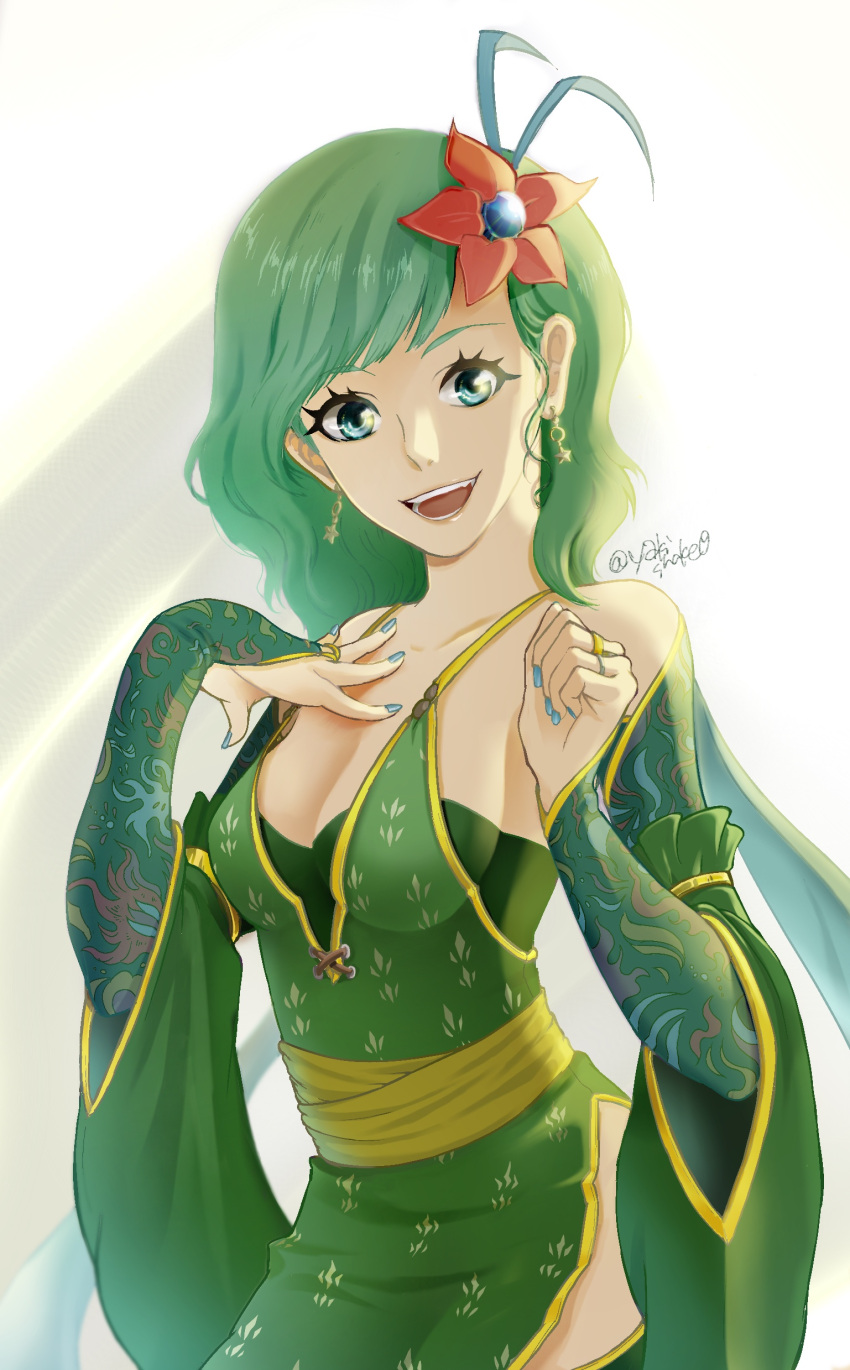 1girl, absurdres, breasts, detached_sleeves, earrings, final_fantasy, final_fantasy_iv, final_fantasy_iv_the_after, green_eyes, green_hair, hair_ornament, highres, jewelry, long_hair, looking_at_viewer, nail_polish, older, open_mouth, rydia_(ff4), smile, solo, yakisake_arimasu