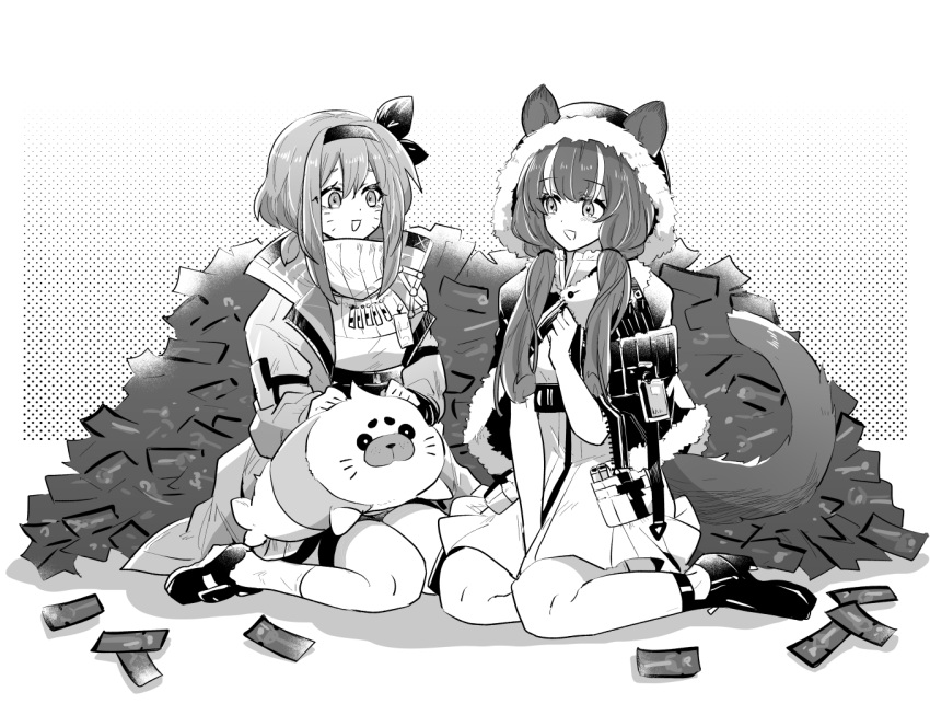 2girls, :d, animal, arknights, bangs, between_legs, blush, cape