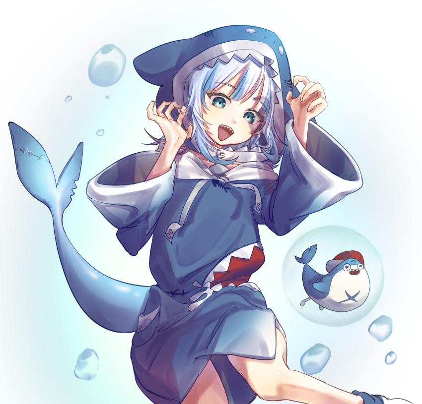 1girl, animal_hood, bangs, blue_eyes, blue_hoodie, blue_nails, claw_pose, fangs
