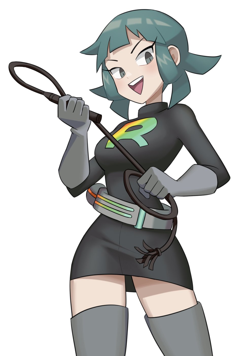 1girl, flowers-imh, highres, pokemon, pokemon_(game), team_rainbow_rocket_grunt, team_rainbow_rocket_uniform, thighs