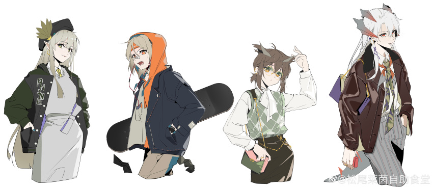 4girls, :o, absurdres, alternate_costume, antenna_hair, argyle, argyle_sweater_vest, arknights
