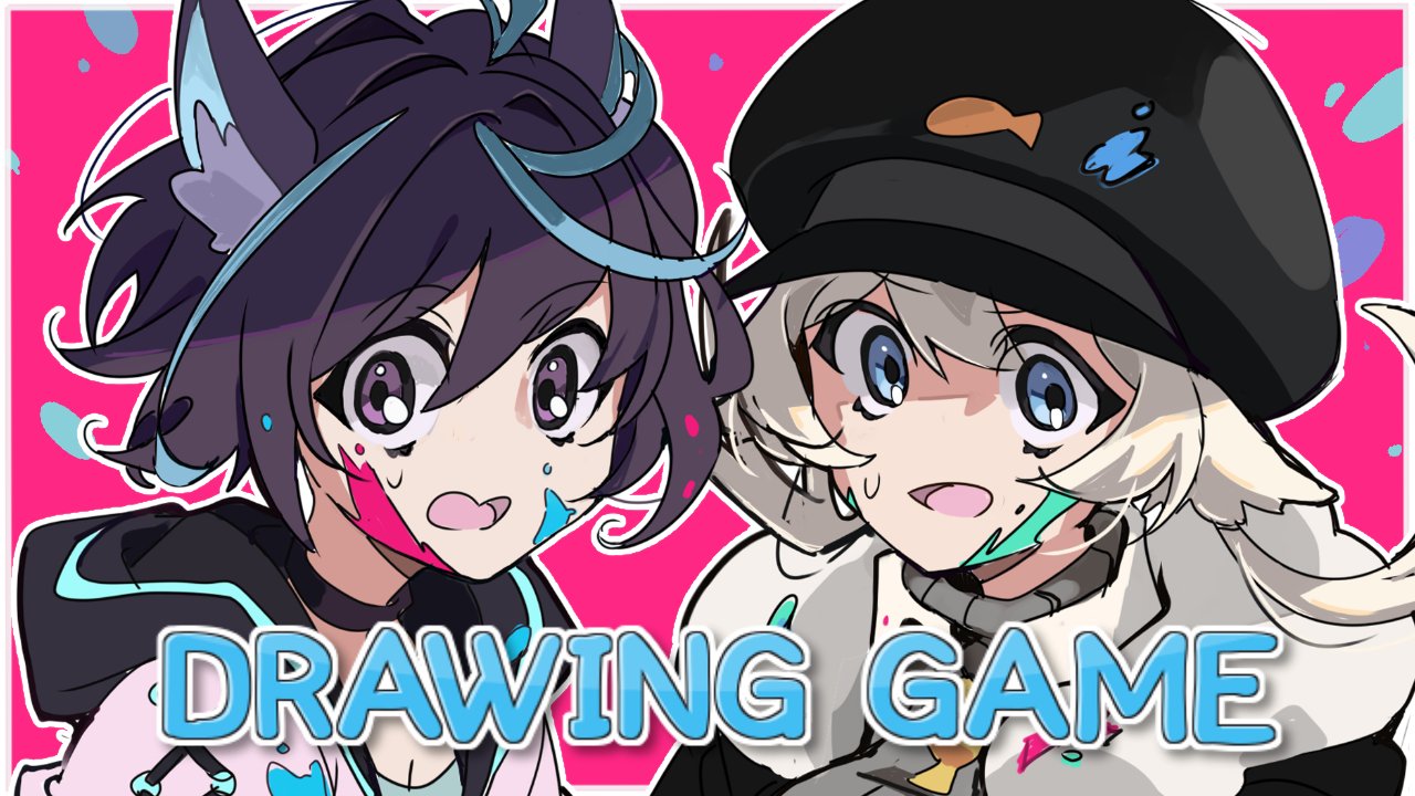 2girls, akane_shikka, animal_ear_fluff, animal_ears, black_hair, black_jacket, blue_eyes, blue_hair, english_commentary, franziska_van_wulfen, fur_trim, grey_hair, grey_sweater, hood, hooded_jacket, indie_virtual_youtuber, jacket, looking_at_viewer, multicolored_hair, multiple_girls, open_mouth, pink_jacket, short_hair, streaked_hair, surprised, sweater, van_wulfen, virtual_youtuber