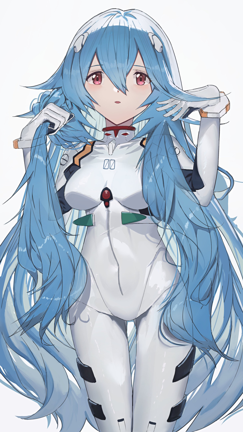 1girl, absurdres, ayanami_rei, bangs, blue_hair, bodysuit, breasts, commentary_request, evangelion:_3.0+1.0_thrice_upon_a_time, gloves, hair_between_eyes, hair_ornament, highres, holding, holding_hair, interface_headset, long_hair, long_sleeves, looking_at_viewer, medium_breasts, neon_genesis_evangelion, open_mouth, plugsuit, rebuild_of_evangelion, red_eyes, ryes_8, shiny, shiny_clothes, shiny_hair, sidelocks, simple_background, skin_tight, solo, standing, very_long_hair, white_background, white_bodysuit