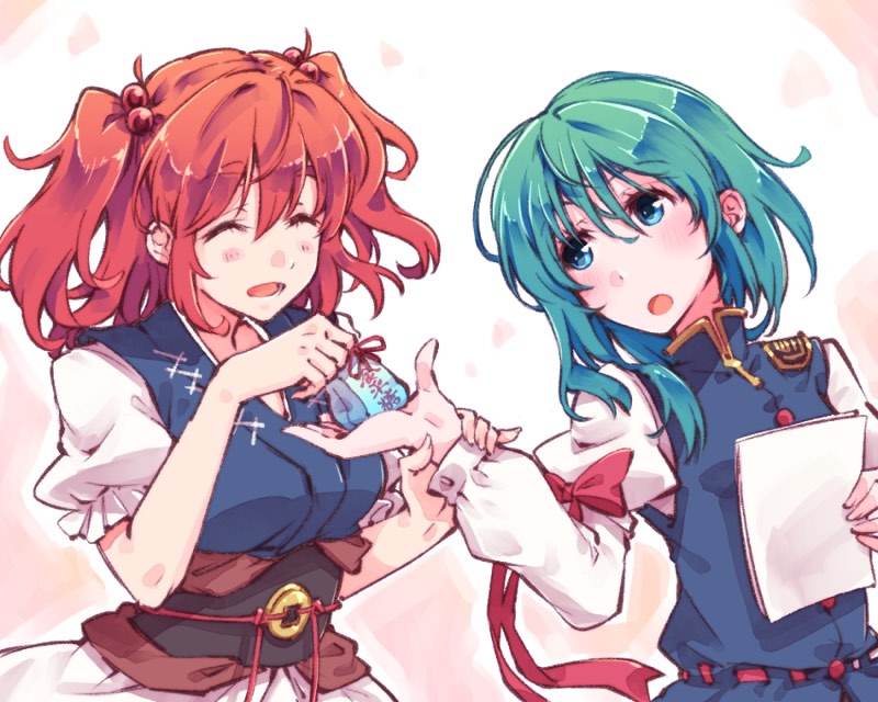 2girls, :o, asymmetrical_hair, bangs, blue_eyes, blue_vest, blush, breasts