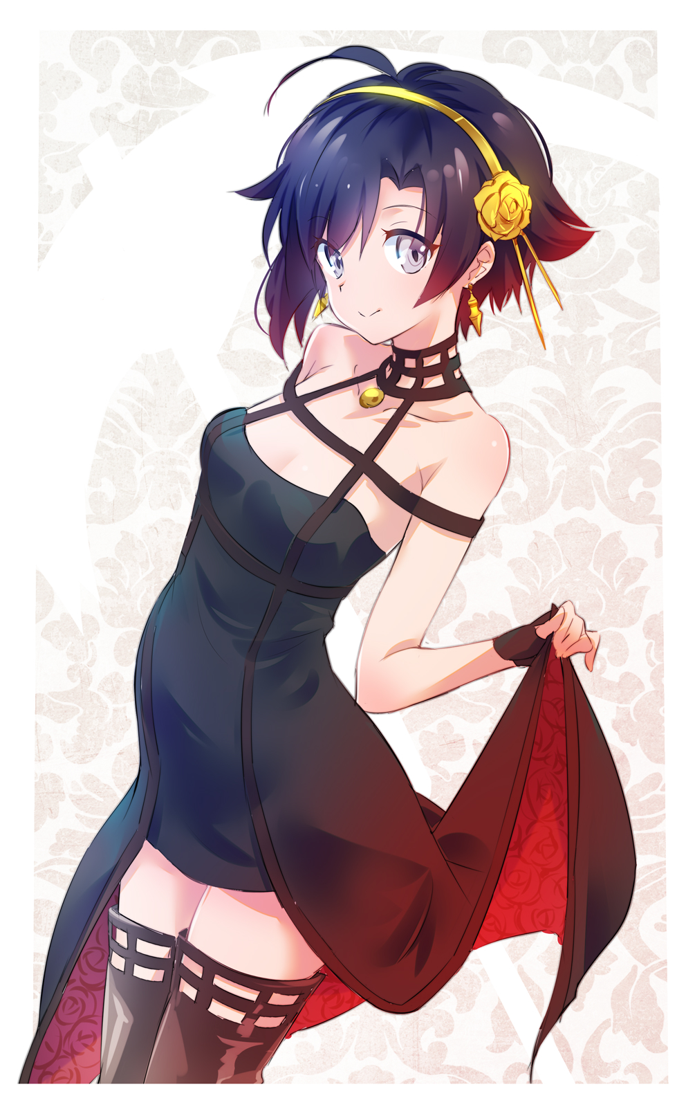 1girl, ahoge, asymmetrical_hair, bare_shoulders, black_dress, black_gloves, black_hair, border
