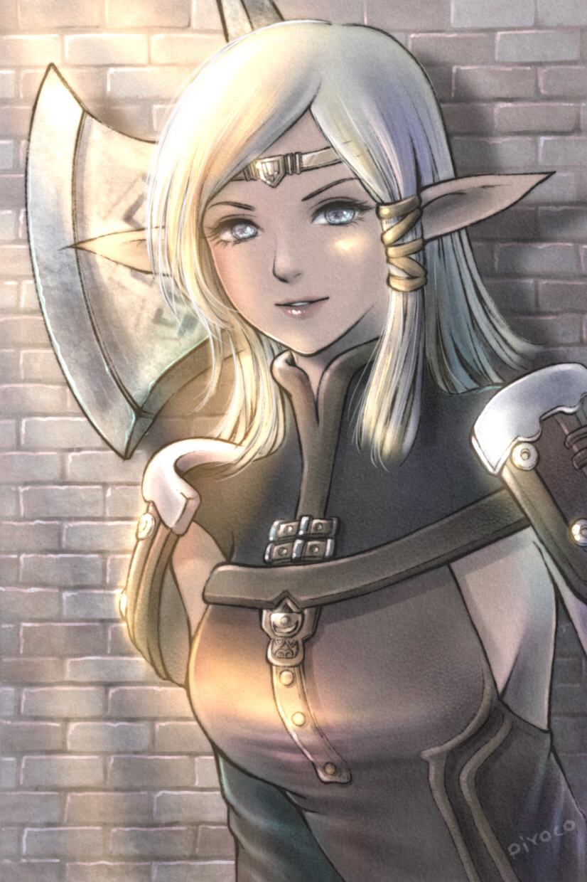 1girl, altennia, artist_name, blonde_hair, breasts, brick_wall, circlet, elf