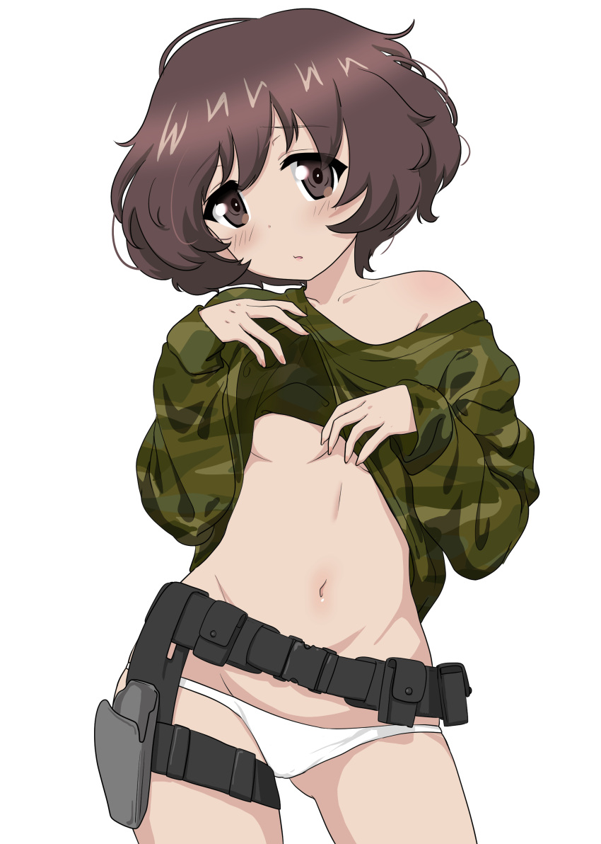 1girl, absurdres, akiyama_yukari, bangs, belt, blush, brown_eyes, brown_hair