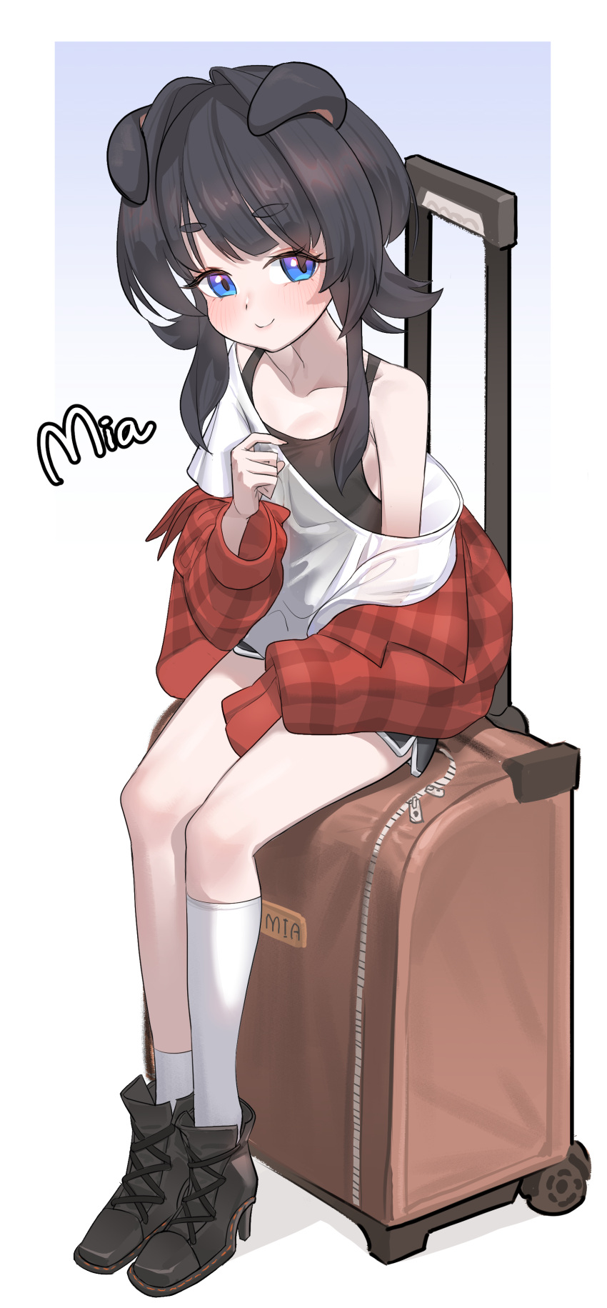 1girl, absurdres, animal_ears, asymmetrical_legwear, bangs, black_hair, black_tank_top, blue_eyes