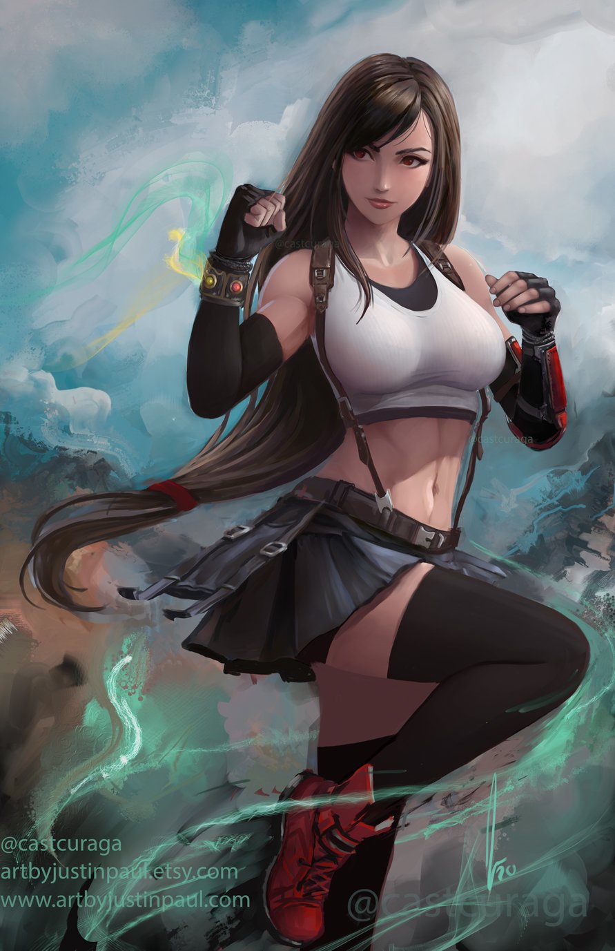 1girl, abs, asymmetrical_bangs, bangs, black_legwear, black_skirt, breasts, elbow_pads