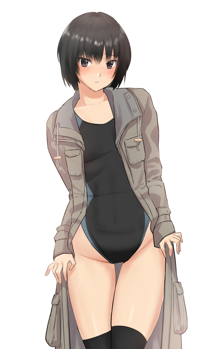 1girl, absurdres, amagami, bangs, black_hair, black_legwear, black_swimsuit, blue_swimsuit