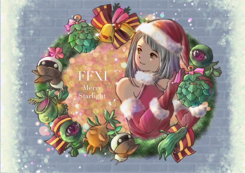1girl, arciela_v_adoulin, artist_name, bare_shoulders, bell, christmas_wreath, closed_mouth, final_fantasy