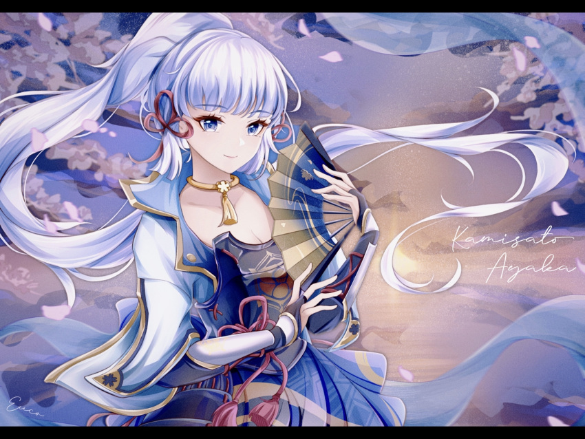 1girl, blue_eyes, cherry_blossoms, genshin_impact, hand_fan, highres, kamisato_ayaka, long_hair, silver_hair, solo, wuke_euco