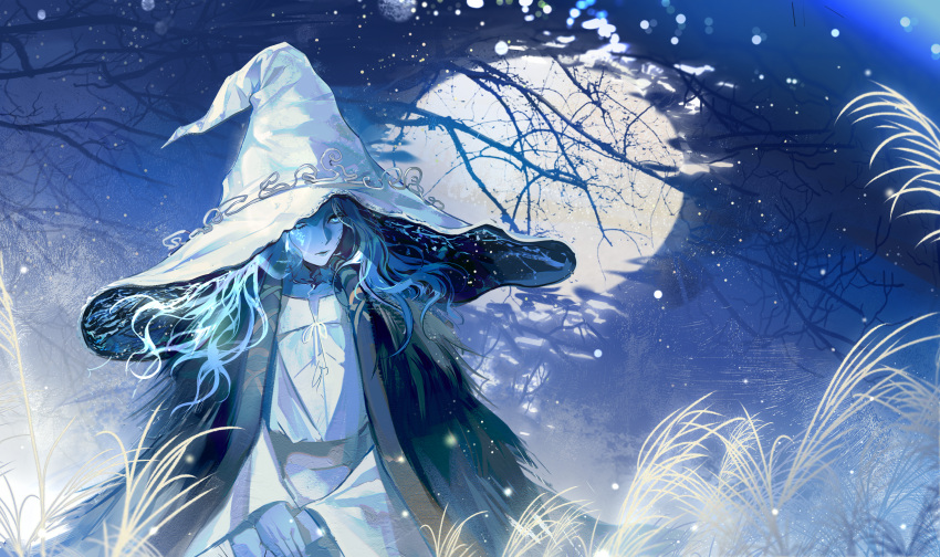 1girl, absurdres, blue_eyes, blue_hair, blue_lips, blue_skin, brown_cloak, cloak, colored_skin, commentary, cracked_skin, dress, elden_ring, english_commentary, extra_arms, extra_faces, facial_tattoo, fur_cloak, glowing_tattoo, hat, highres, light_particles, lips, long_hair, looking_away, moon, one_eye_closed, own_hands_together, plant, ranni_the_witch, sitting, solo, tattoo, tknife, wavy_hair, white_dress, white_headwear, witch, witch_hat