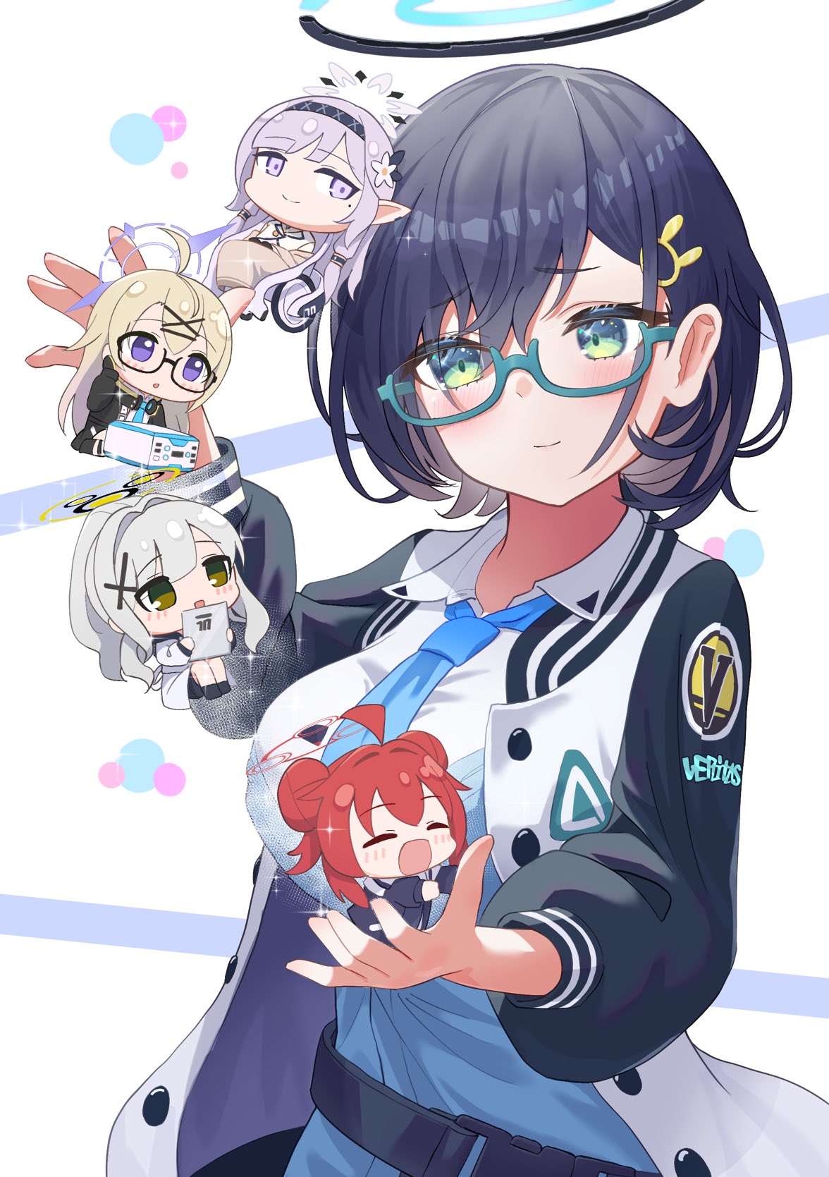 5girls, ahoge, belt, blonde_hair, blue_archive, blush, bunny_hair_ornament, buttons