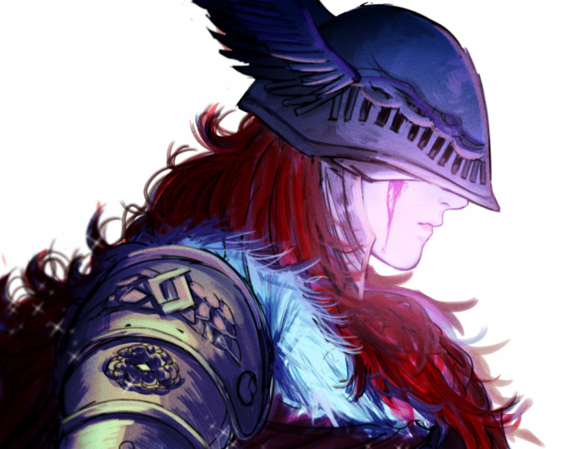 1girl, armor, blood, blood_from_eyes, cape, closed_mouth, covered_eyes, dress, elden_ring, helmet, long_hair, malenia_blade_of_miquella, mechanical_arms, noeruka, red_cape, redhead, simple_background, single_mechanical_arm, solo, very_long_hair, white_background, winged_helmet