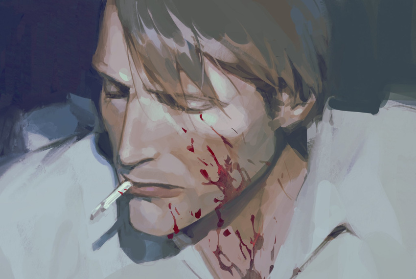 11114tai, 1boy, asymmetrical_bangs, bangs, blonde_hair, blood, blood_on_face, cigarette, closed_eyes, dark_background, highres, mads_mikkelsen, male_focus, mouth_hold, original, portrait, shirt, solo, white_shirt