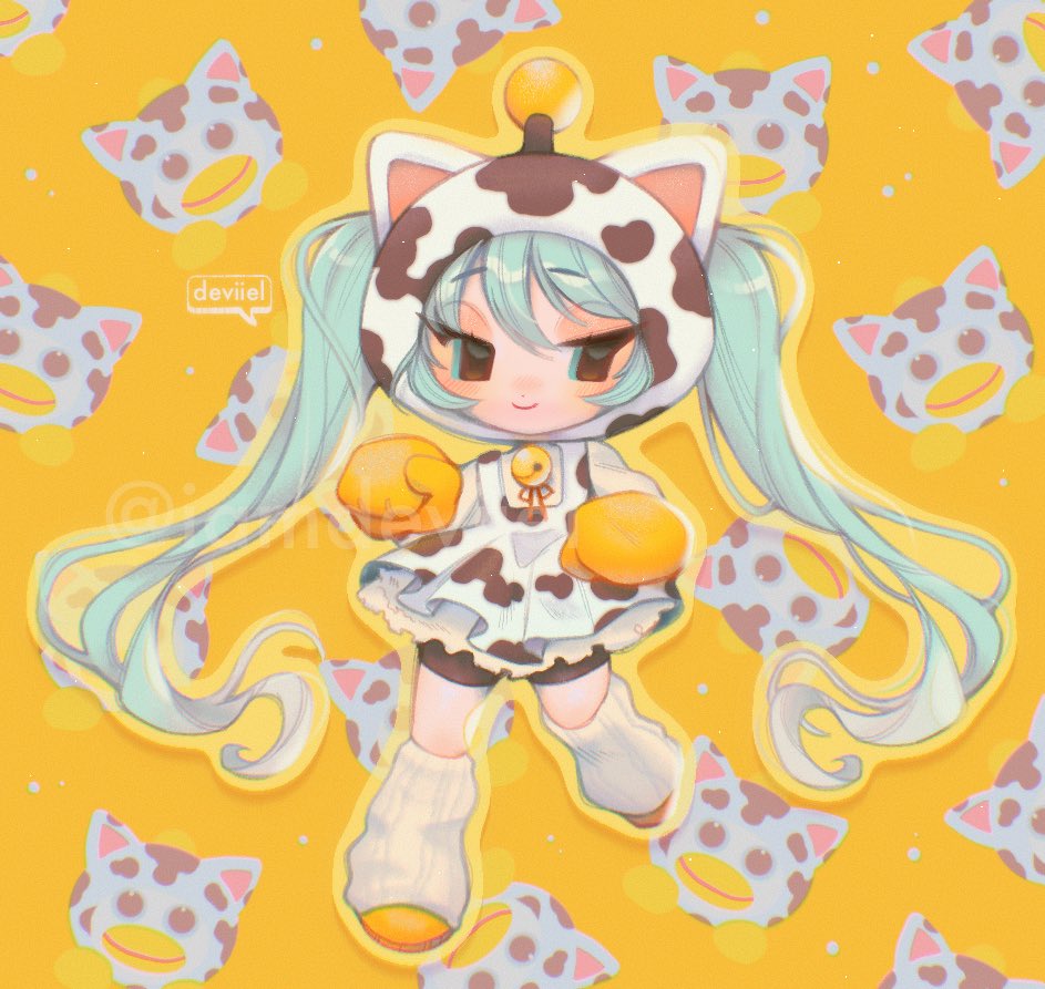 1girl, animal_ears, animal_hood, animal_print, aqua_eyes, aqua_hair, artist_name, bell