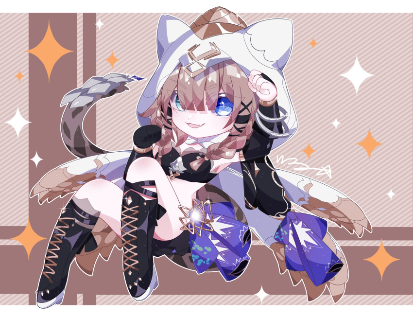 1girl, :d, animal_ears, asymmetrical_gloves, bangs, bikini, bikini_top_only, black_bikini, black_footwear, black_gloves, blue_eyes, boots, brown_hair, cat_ears, cat_girl, cat_tail, fingerless_gloves, full_body, gloves, green_eyes, heterochromia, highres, honkai_(series), honkai_impact_3rd, looking_at_viewer, looking_back, medium_hair, mismatched_gloves, myokko190714, open_mouth, pardofelis_(honkai_impact), smile, solo, swimsuit, tail, thigh-highs, thigh_boots