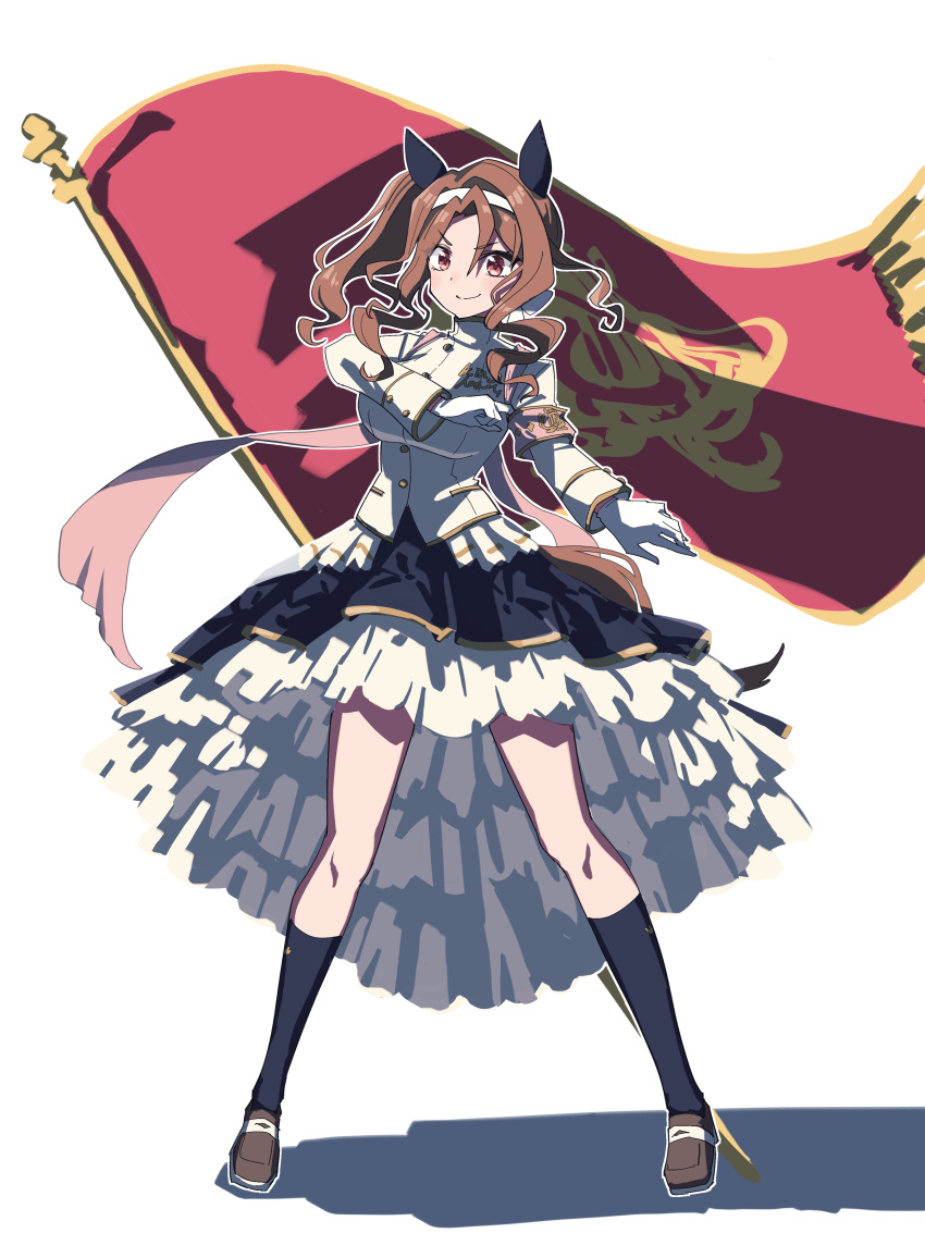 absurdres, animal_ears, armband, breasts, brown_hair, commentary_request, flag, frilled_skirt