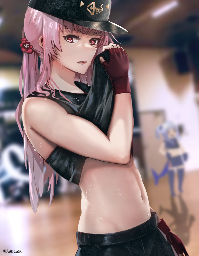 2girls, anonamos, arm_at_side, bangs, bare_arms, baseball_cap, black_headwear, black_shirt