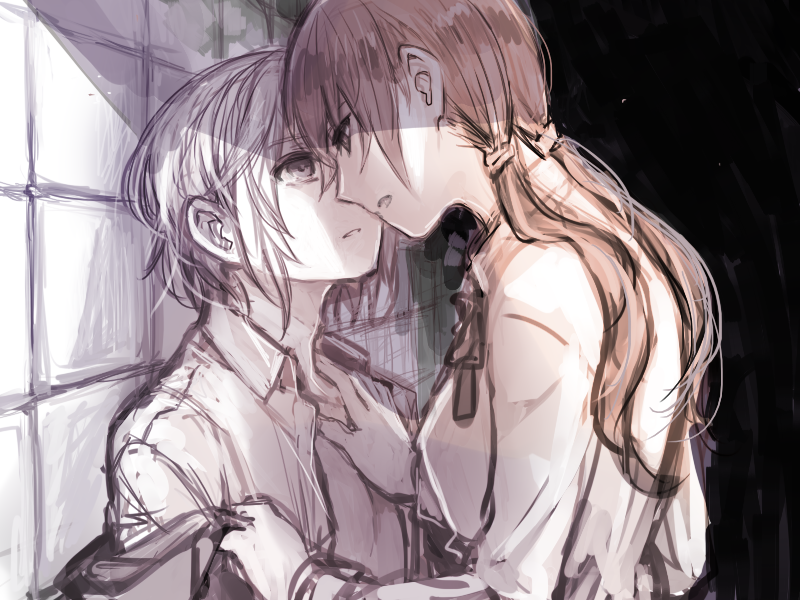 2girls, assertive_female, brown_hair, from_side, hetero, imminent_kiss, komota_(kanyou_shoujo), long_hair