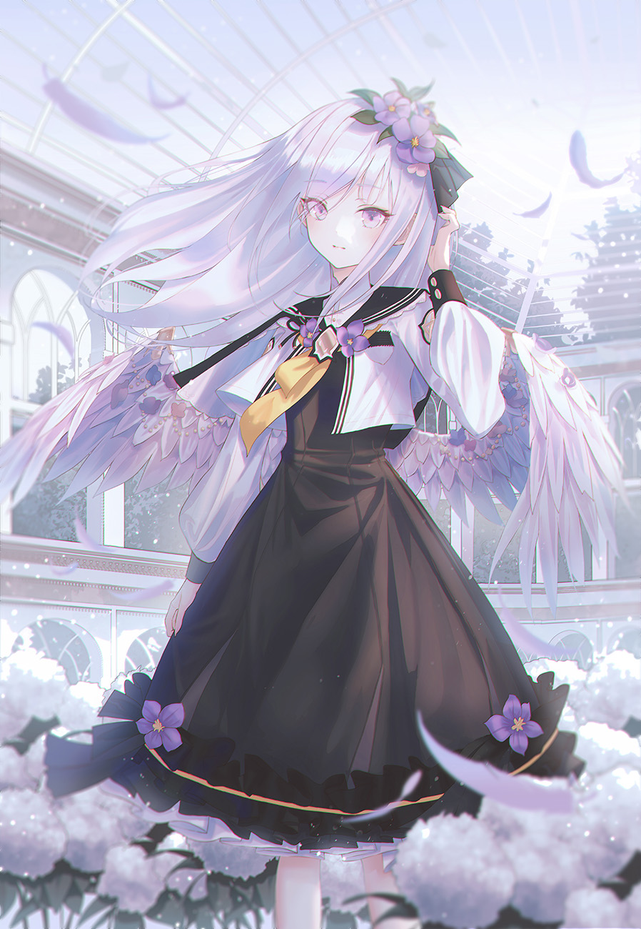 1girl, azusa_(blue_archive), bangs, black_dress, black_sailor_collar, bloom, blue_archive, blurry, closed_mouth, connor, conservatory, cropped_jacket, crossed_bangs, depth_of_field, dress, eyebrows_visible_through_hair, falling_petals, feathered_wings, feet_out_of_frame, flower, frills, garden, hair_between_eyes, hair_flower, hair_ornament, hair_ribbon, hand_up, highres, indoors, jacket, light_blush, light_particles, long_hair, long_sleeves, looking_at_viewer, neckerchief, petals, ribbon, sailor_collar, silver_hair, solo, violet_eyes, white_jacket, white_wings, wind, wings, yellow_neckerchief