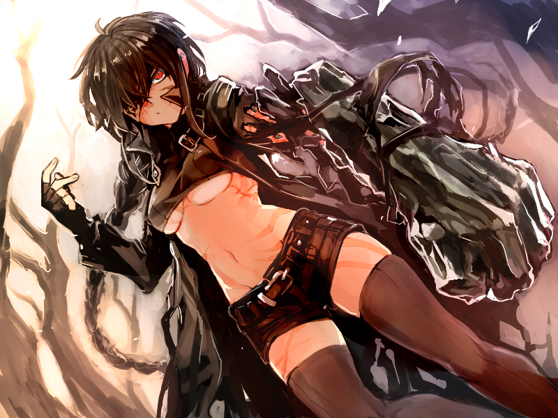 1girl, black_gloves, black_hair, braid, breasts, brown_legwear, brown_shorts, closed_mouth
