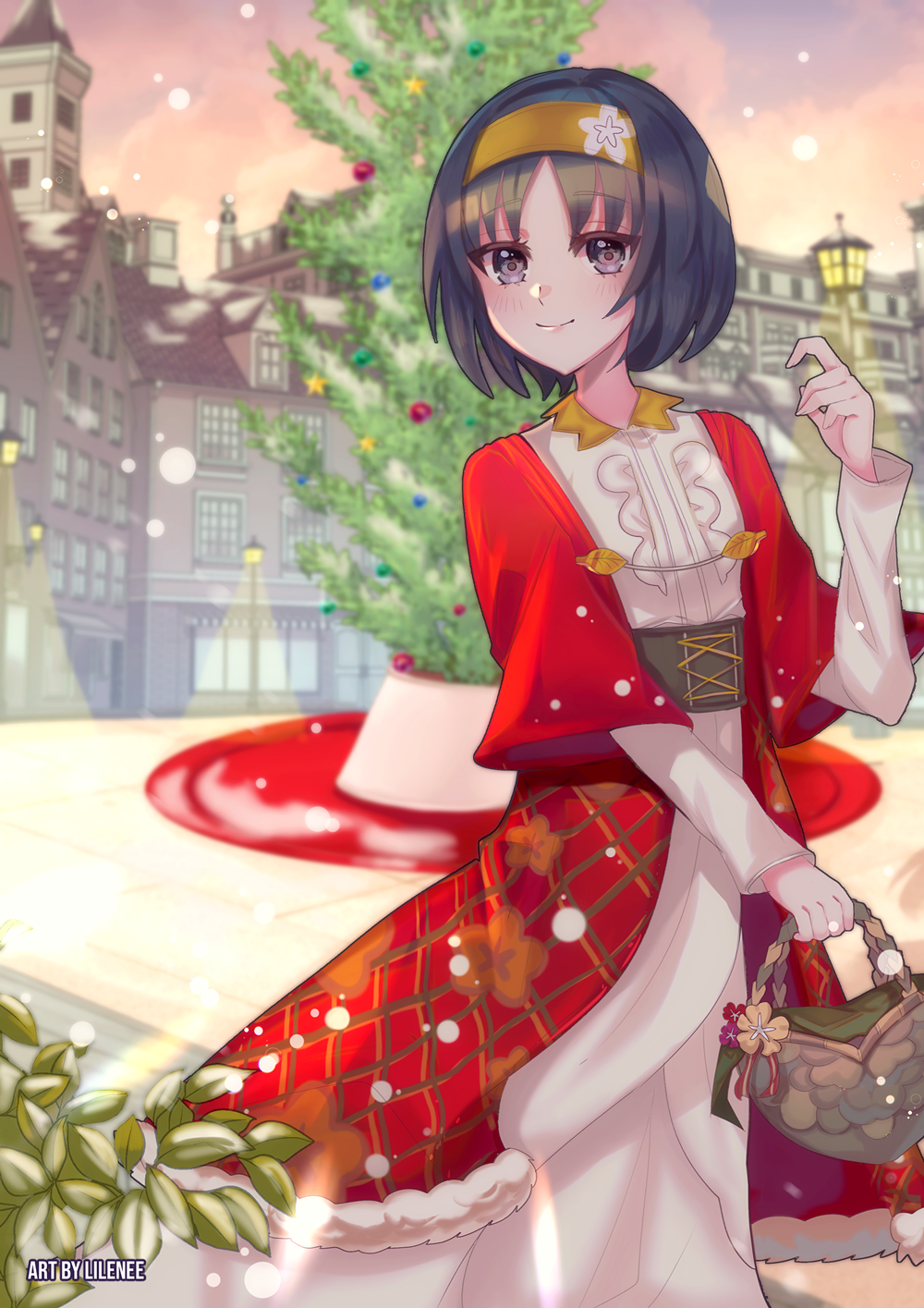1girl, basket, black_eyes, black_hair, christmas, dress, erika_(pokemon), eyebrows_visible_through_hair