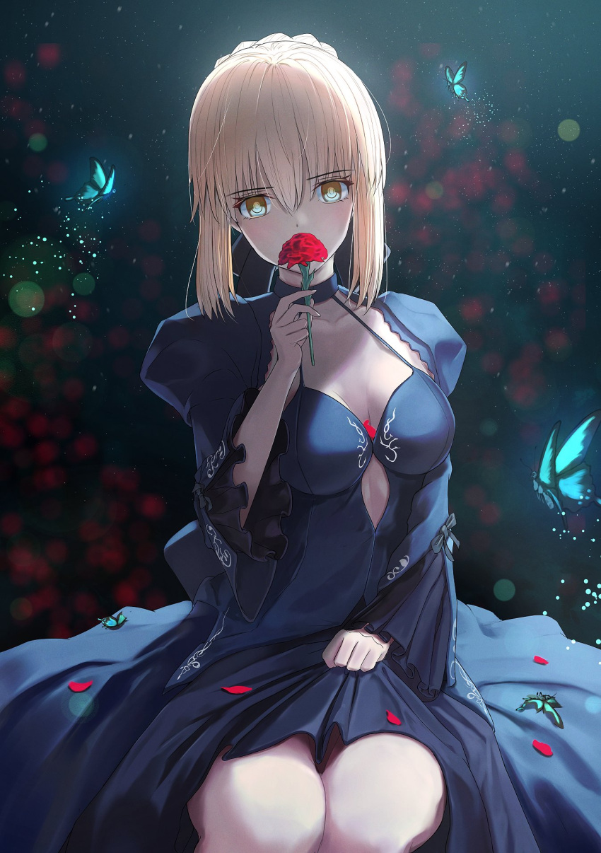 1girl, aomaru_(shta-chu-jisuiai), artoria_pendragon_(fate), black_dress, blonde_hair, blush, braid, breasts