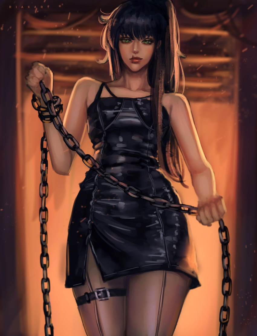 1girl, artist_name, backlighting, black_hair, blurry, blurry_background, chain, dress