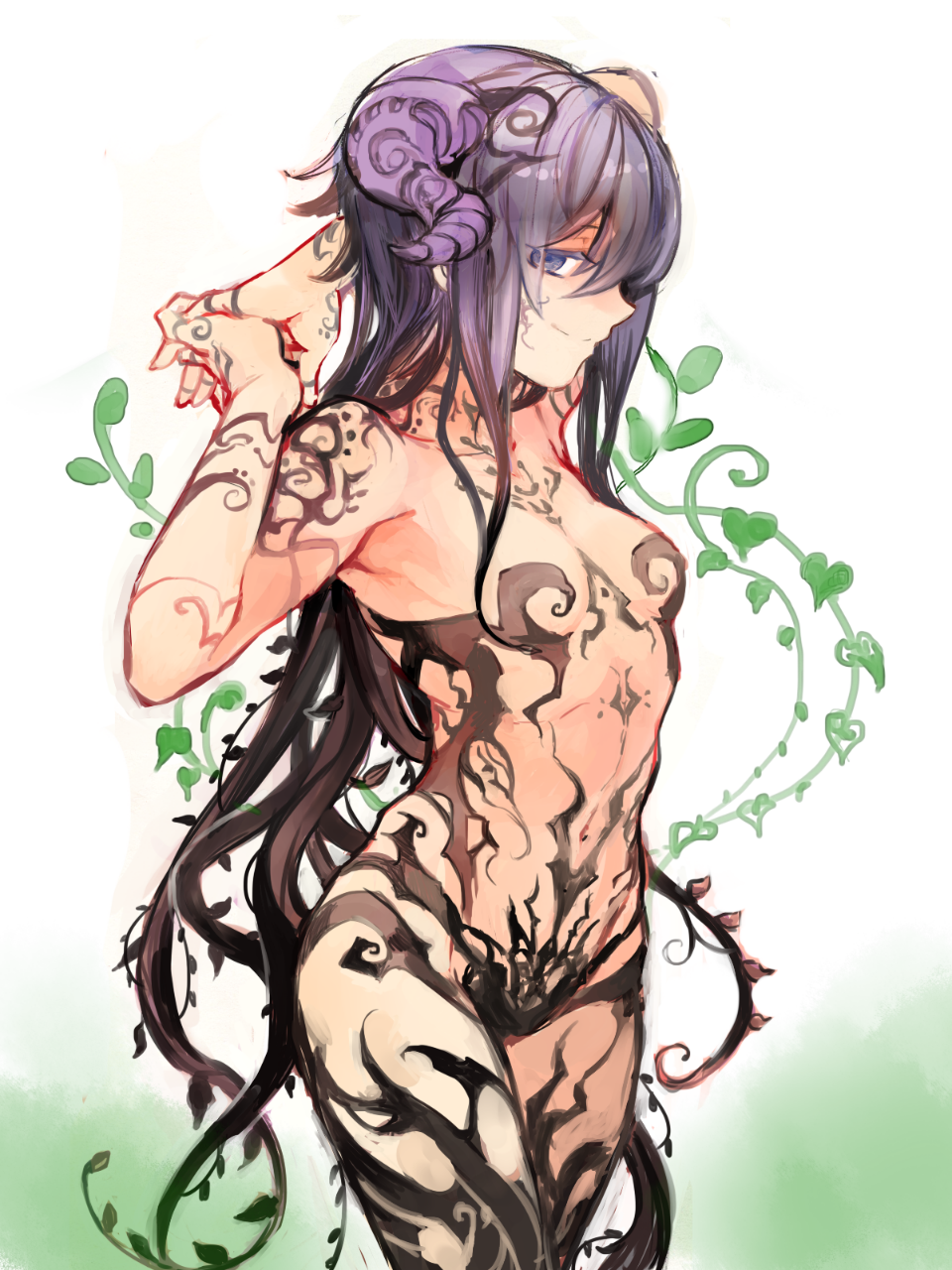 1girl, arms_behind_head, blue_eyes, brown_hair, closed_mouth, cowboy_shot, gradient_hair, hands_up