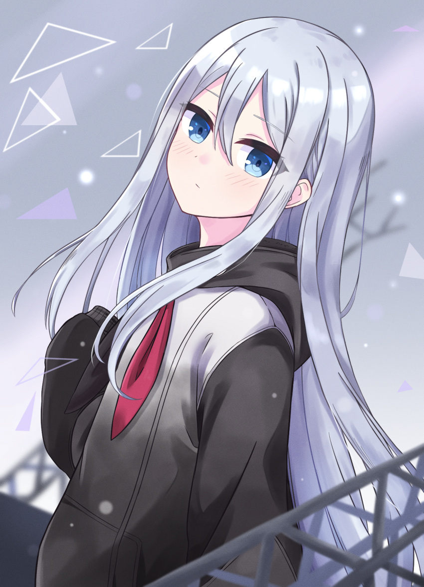 1girl, bangs, black_hoodie, black_neckerchief, blue_eyes, blurry, blurry_background, blush