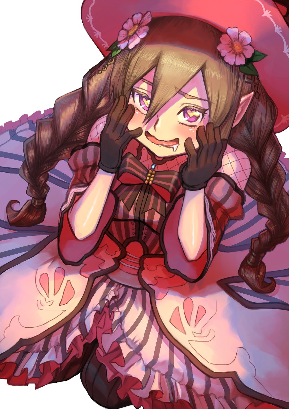 1girl, asymmetrical_bangs, bangs, bow, braid, brown_hair, demon_girl, detached_sleeves