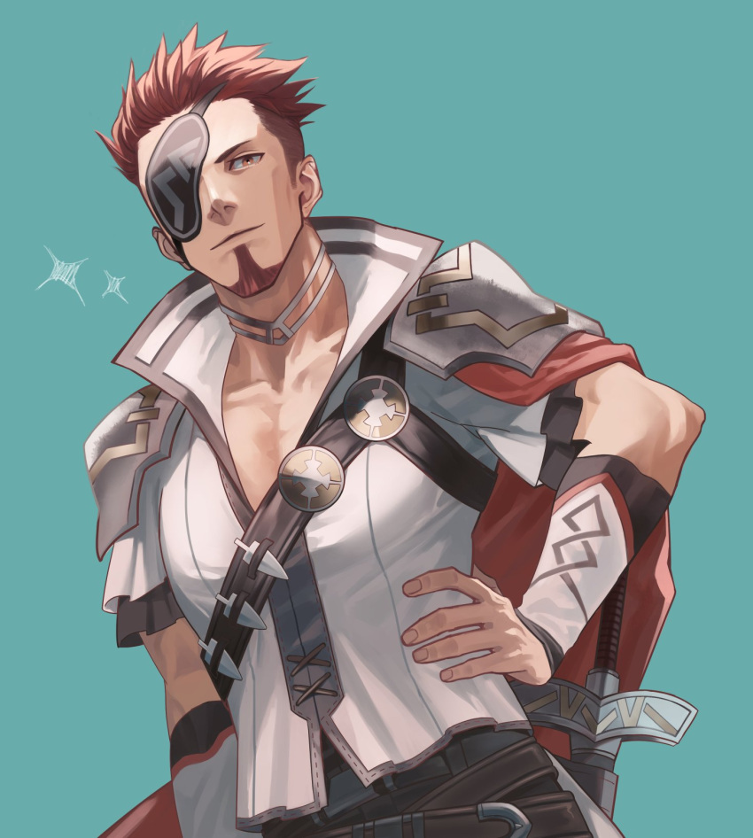 1boy, armor, badge, cape, collared_shirt, eyepatch, facial_hair, fire_emblem, fire_emblem_echoes:_shadows_of_valentia, fire_emblem_heroes, goatee, hand_on_hip, highres, leather_belt, leather_strap, male_focus, official_alternate_costume, pectorals, redhead, ryoyamanashi, saber_(fire_emblem), shirt, shoulder_armor, solo, sword, weapon