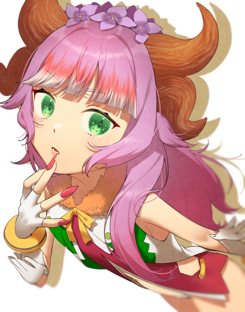 1girl, bangs, bracelet, dragon_girl, dragon_horns, flower, green_eyes, hair_flower, hair_ornament, highres, horns, jewelry, long_hair, looking_at_viewer, multicolored_hair, nail_polish, open_mouth, pink_hair, purple_hair, radea_(rune_factory), red_nails, rune_factory, rune_factory_5, solo, syaccchio10, upper_body, white_hair