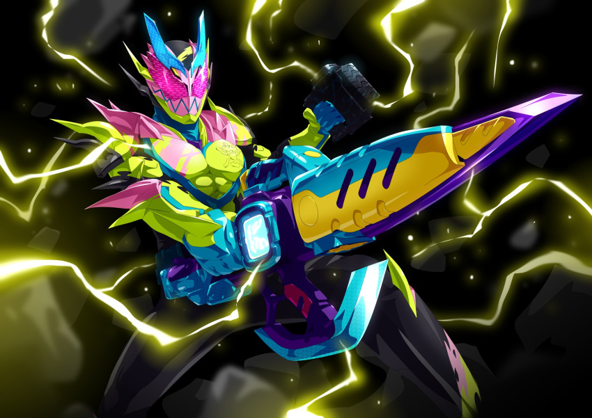 1boy, blue_gloves, clenched_hand, commentary_request, dual_wielding, fighting_stance, gloves, green_armor