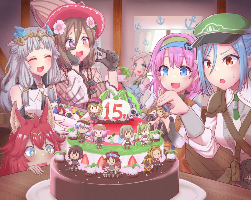 anniversary, asymmetrical_bangs, bangs, bare_shoulders, beatrice_(rune_factory), blonde_hair, bow, brown_hair