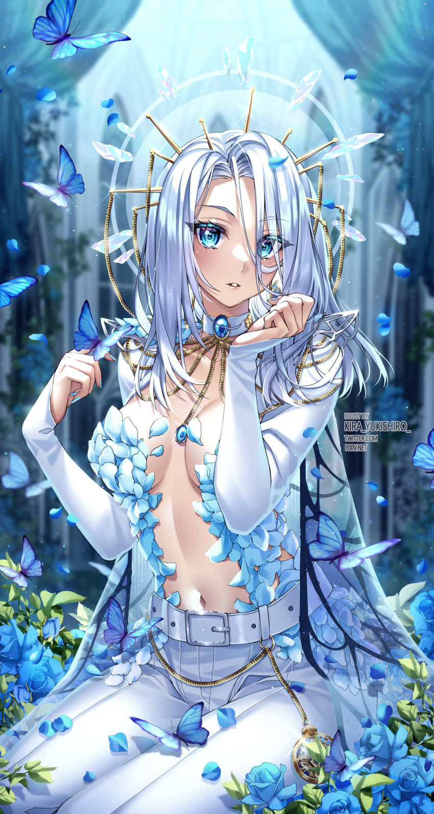 1girl, absurdres, artist_name, belt, blue_eyes, blue_flower, blue_nails, blue_rose, blurry, blurry_background, blush, breasts, breasts_apart, bug, butterfly, cape, chain, commentary, covering, covering_breasts, crystal, curled_fingers, curtains, eyebrows_visible_through_hair, eyelashes, eyes_visible_through_hair, flower, forehead, gem, gold_chain, hair_between_eyes, halo, highres, indie_virtual_youtuber, kira_yukishiro, light_blue_hair, light_particles, long_sleeves, looking_at_viewer, medium_breasts, monarch_(amalee), navel, outdoors, pants, parted_lips, petals, pixiv_id, plant, rose, see-through, sitting, sleeves_past_wrists, solo, sparkle, stopwatch, twitter_username, v-shaped_eyebrows, virtual_youtuber, white_hair, white_legwear, white_pants, white_sleeves