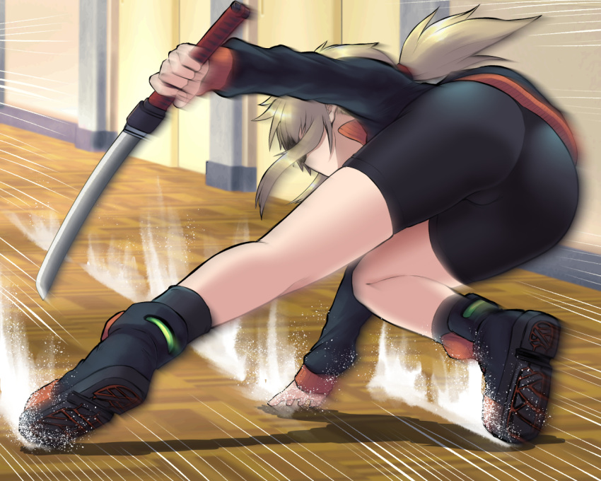 1girl, ass, back, black_footwear, black_jacket, black_legwear, black_shorts, blonde_hair