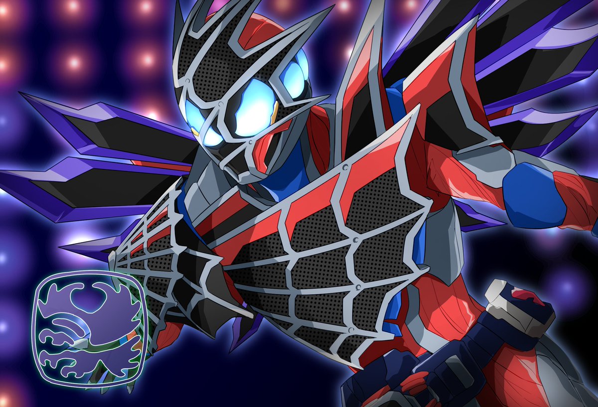 1boy, armor, asymmetrical_armor, condor, condor_genome, dark_foreground, glowing, kamen_rider, kamen_rider_demons, kamen_rider_revice, male_focus, miyabi_(037), outstretched_arms, purple_wings, silk, spider_web, spider_web_print, spread_arms, tokusatsu, vistamp, wings