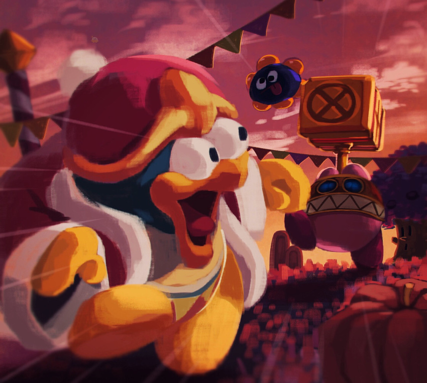 character_request, clouds, cloudy_sky, covered_face, flag, flying, gloves, gooey_(kirby)