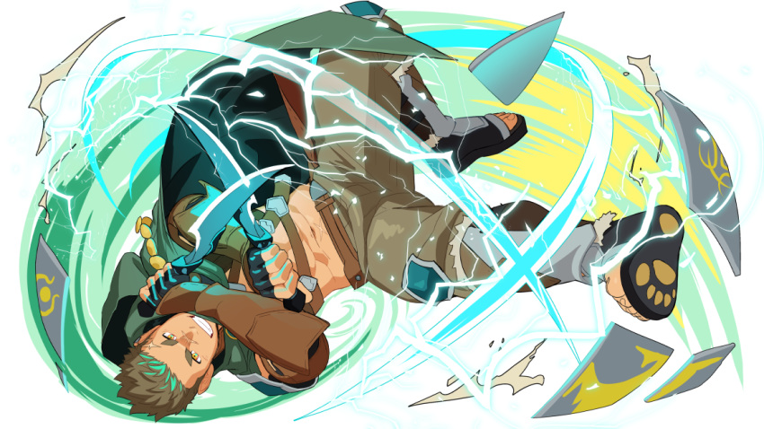 1boy, abs, another_eidos-r, baggy_pants, brown_hair, cape, dagger, electricity