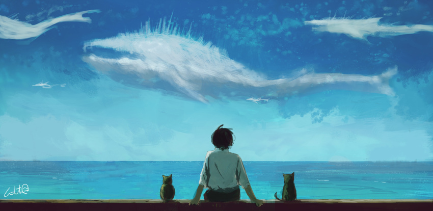 1boy, absurdres, black_hair, blue_sky, cat, commentary_request, from_behind, highres