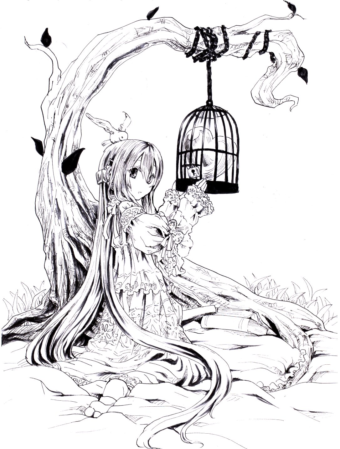 1girl, bird, birdcage, book, cage, dress, from_side, greyscale