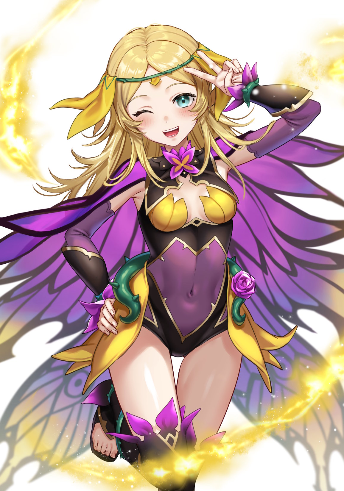 alternate_hairstyle, armpits, bangs, blue_eyes, breasts, butterfly_wings, cape, circlet, commission, cosplay, covered_navel, darthmarth3, fire_emblem, fire_emblem_heroes, flower, hair_down, highres, iria_(yumeirokingyo), lissa_(fire_emblem), long_hair, looking_at_viewer, midriff, official_alternate_costume, one_eye_closed, open_mouth, ophelia_(fire_emblem), ophelia_(fire_emblem)_(cosplay), pantyhose, plant, second-party_source, skeb_commission, small_breasts, solo, teeth, thighs, toeless_footwear, upper_teeth, v, vines, wings