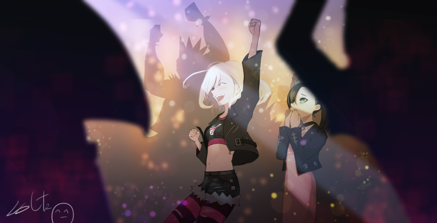 2girls, 6+others, absurdres, alternate_hair_color, black_hair, black_jacket, black_legwear, black_shorts
