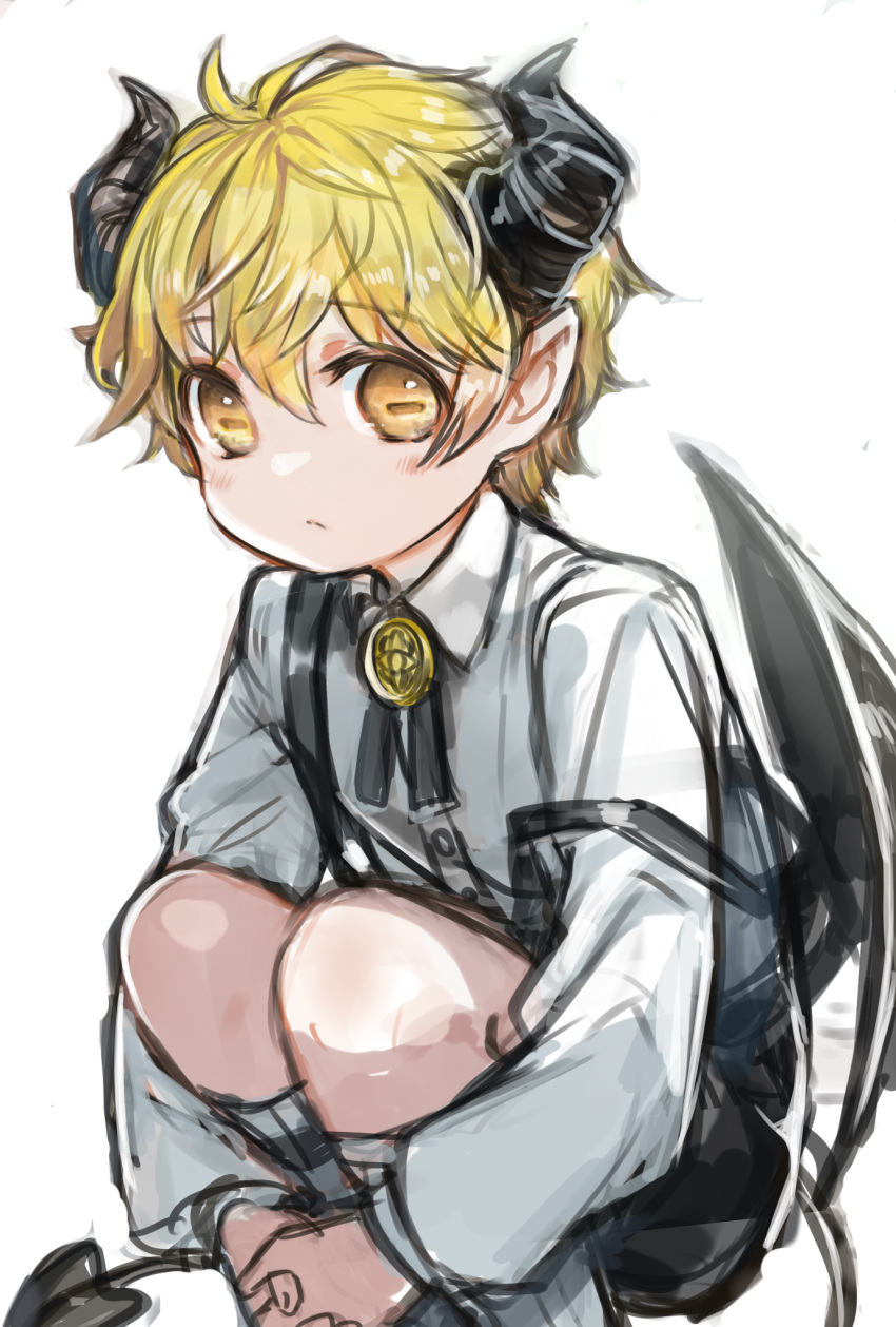 1boy, blonde_hair, blush, brooch, child, closed_mouth, collared_shirt, demon_boy