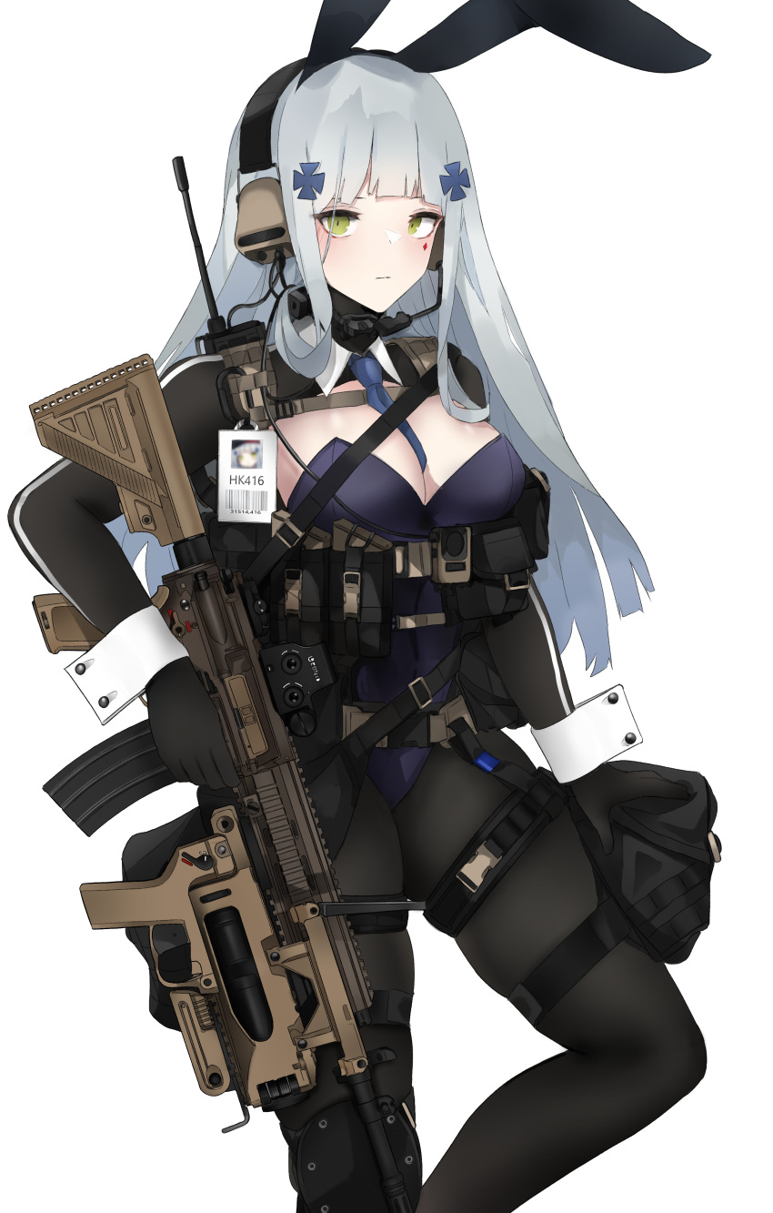 1girl, absurdres, alternate_costume, ammunition_pouch, assault_rifle, bangs, between_breasts, black_gloves